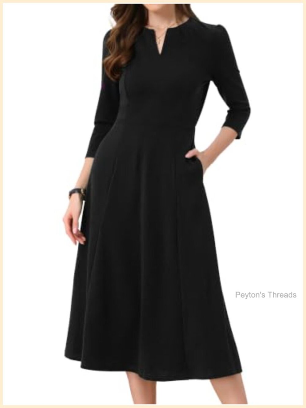 Womens 3/4 Sleeve A-Line Fit and Flare Midi Dress Business Work